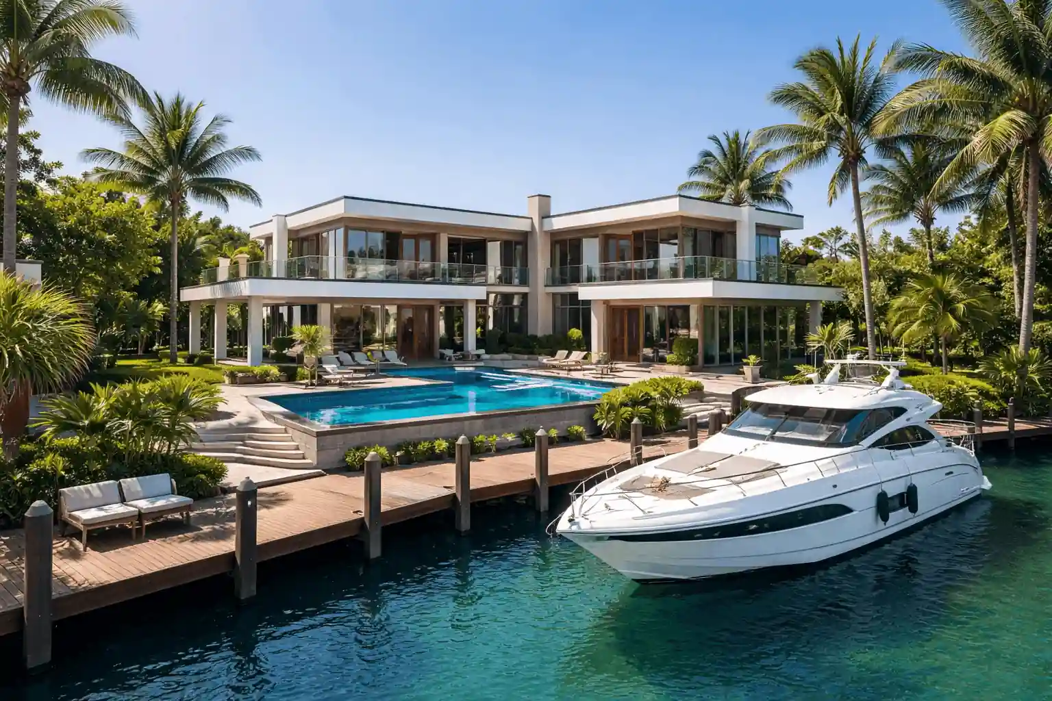 Oceanfront luxury villa in Miami with infinity pool merging into the Atlantic Ocean at golden sunset — beachfront real estate South Florida