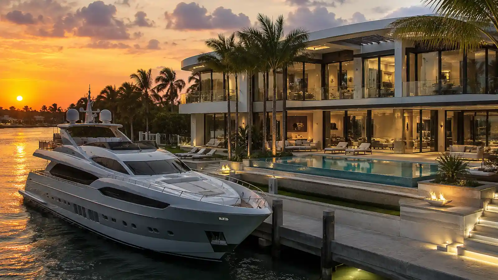Luxury waterfront estate in South Florida at blue hour with private yacht docked on a canal — waterfront homes for sale Miami