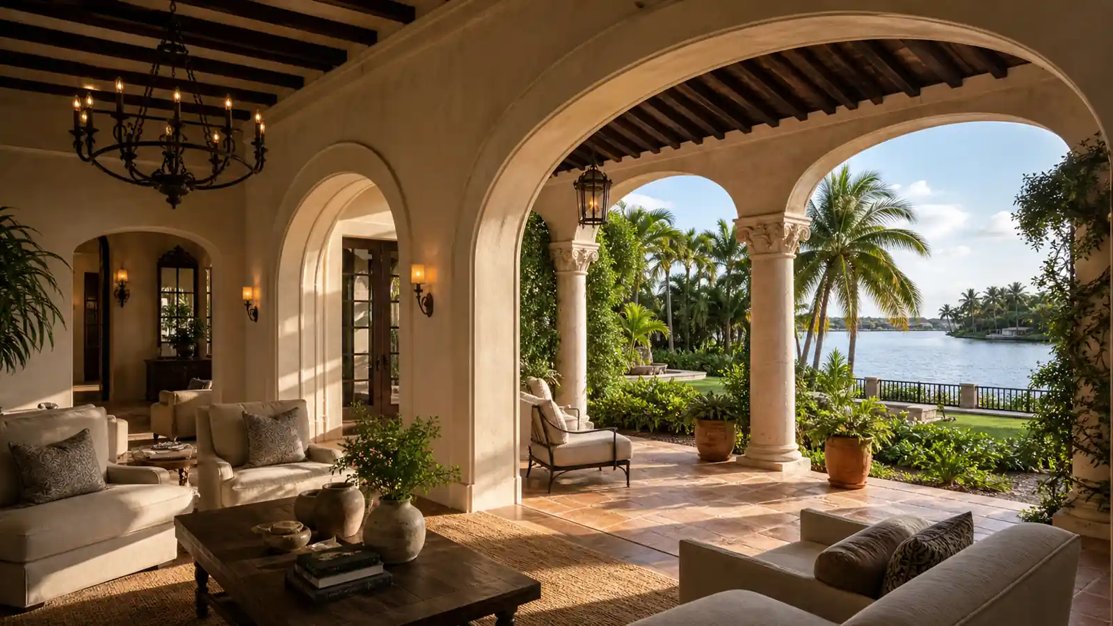 Oceanfront luxury villa in Miami with infinity pool merging into the Atlantic Ocean at golden sunset — beachfront real estate South Florida