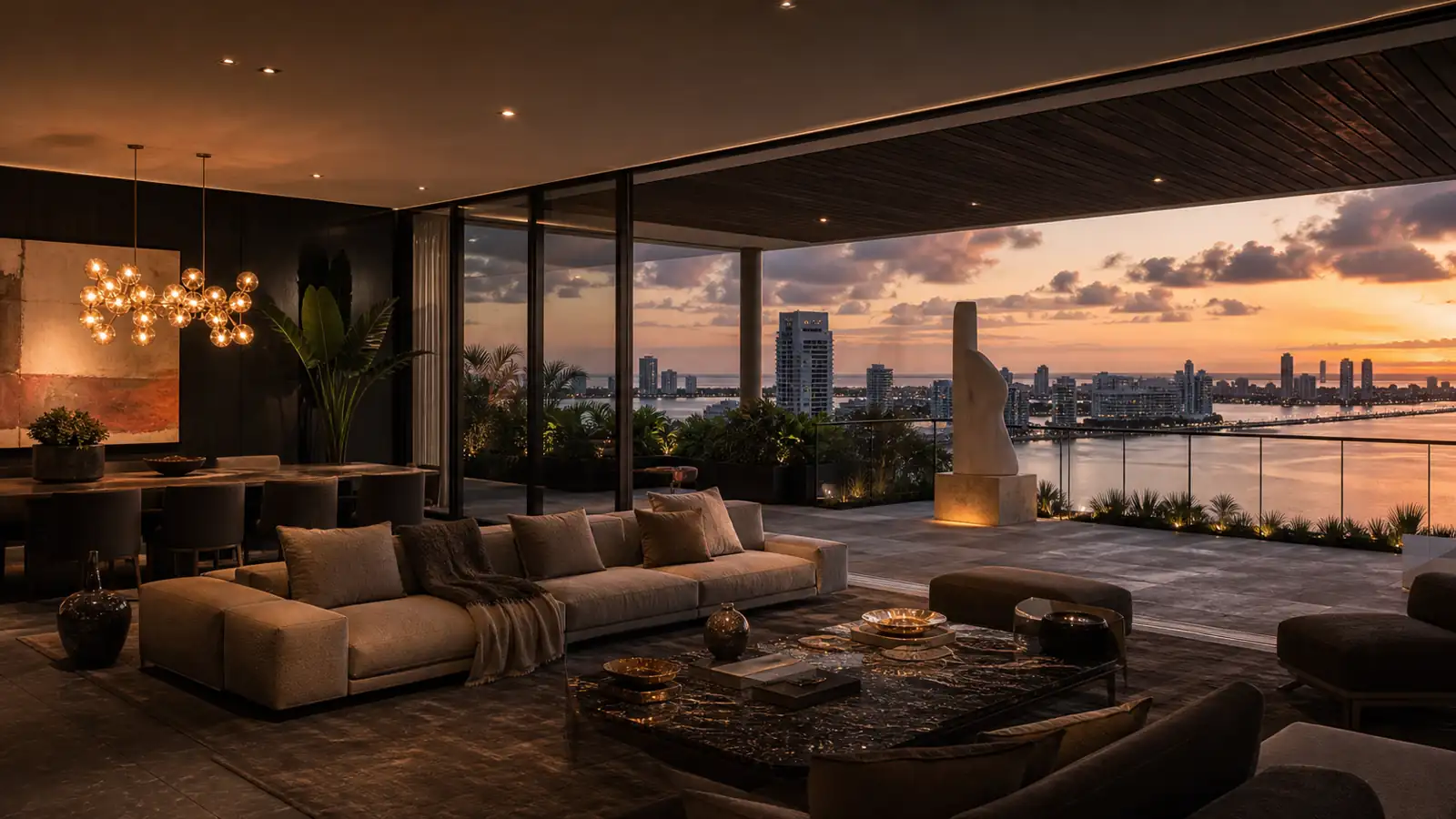Luxury South Florida villa interior with open glass walls and lush tropical garden — high-end homes for sale Miami