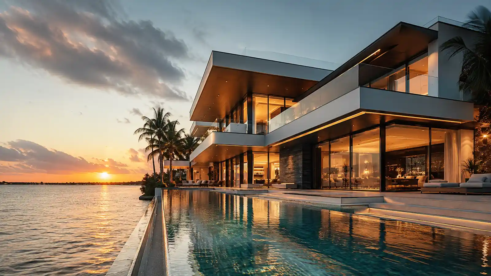 Modern glass villa at sunset with an infinity pool on the waterfront — luxury new-construction homes Miami