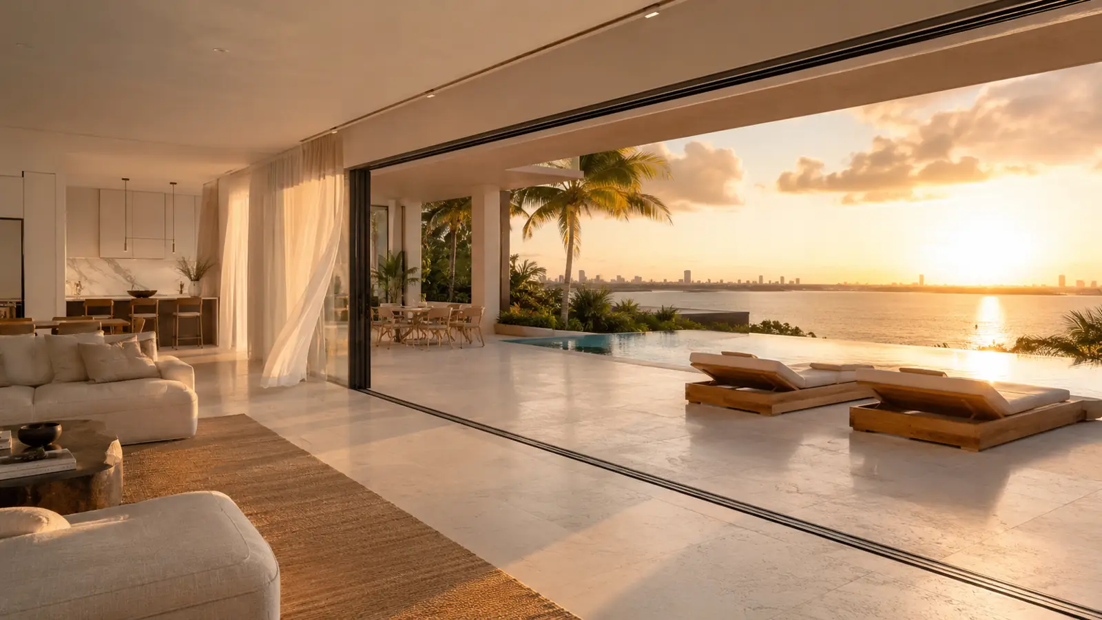 Open-plan living room flowing onto a golden-hour terrace with pool and ocean view — luxury waterfront residences Miami