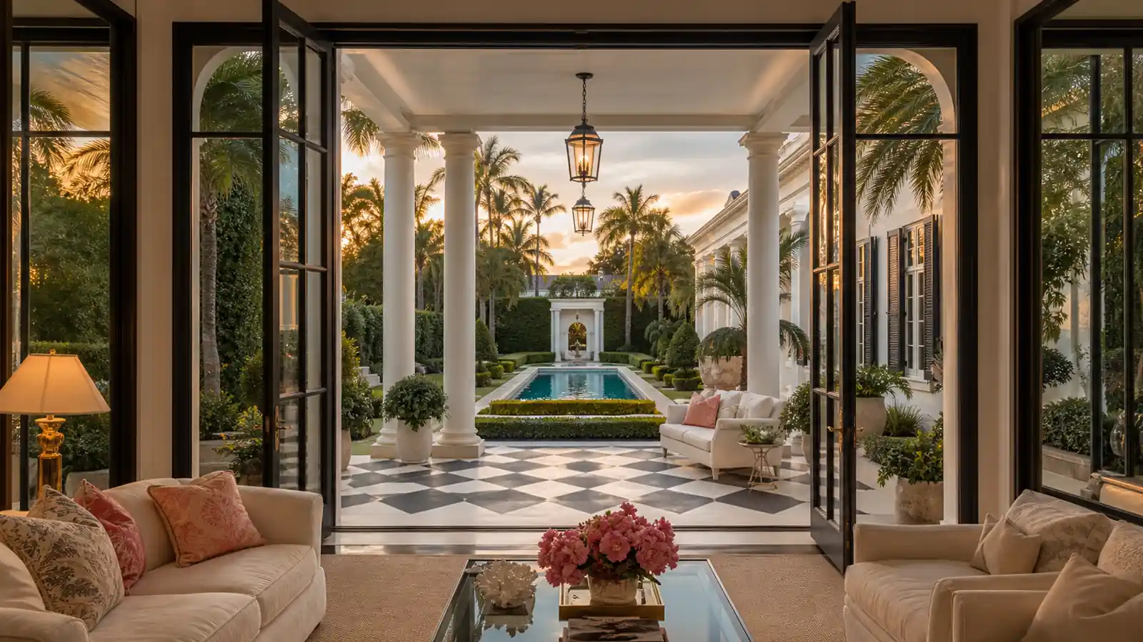 Classical colonnade courtyard with formal garden and reflecting pool at golden hour — Palm Beach style luxury estates Miami